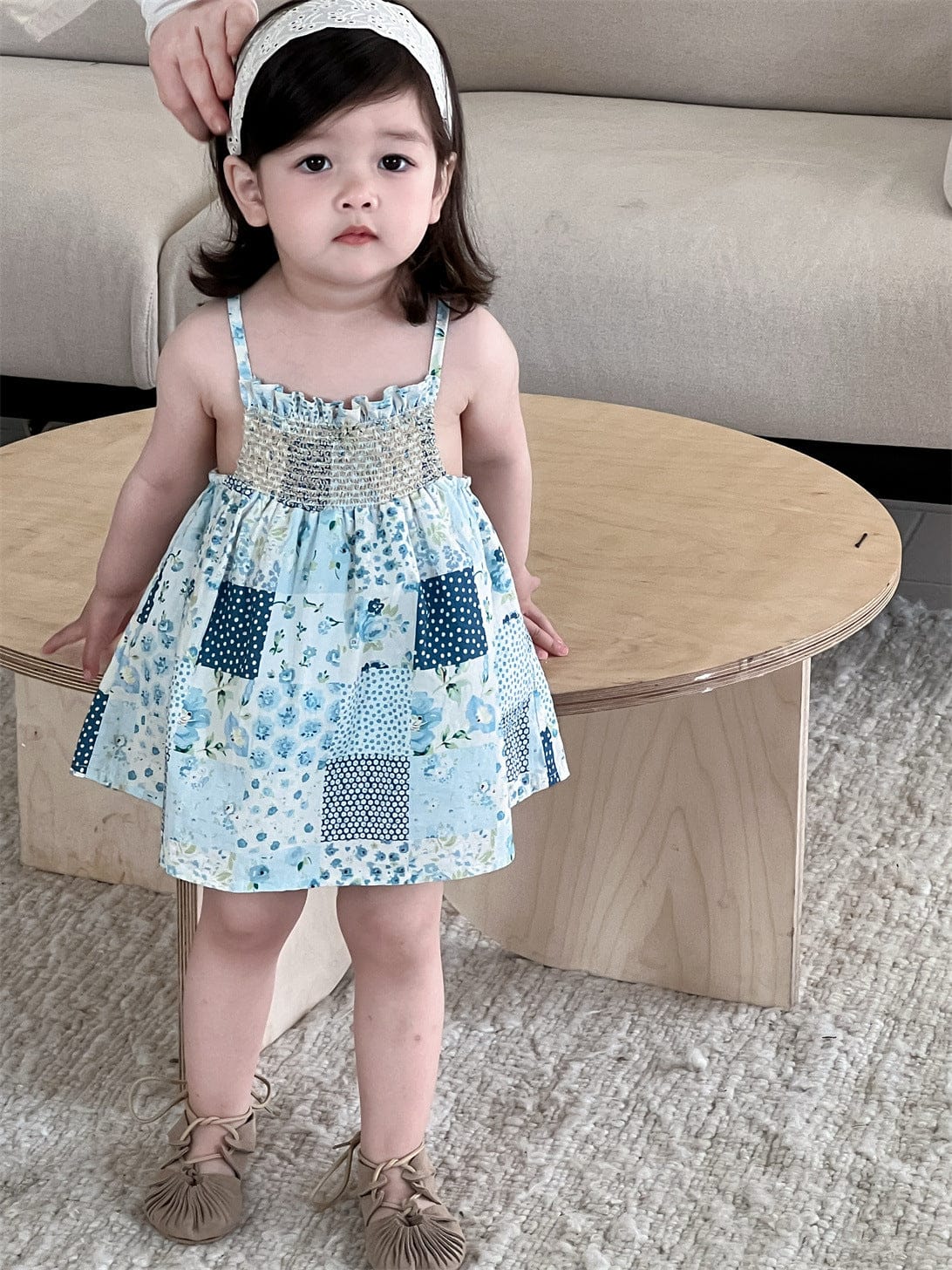 ノースリーブワンピース Blue / 66cm チェックフラワーパッチワークキャミソールワンピース【mh0009922】