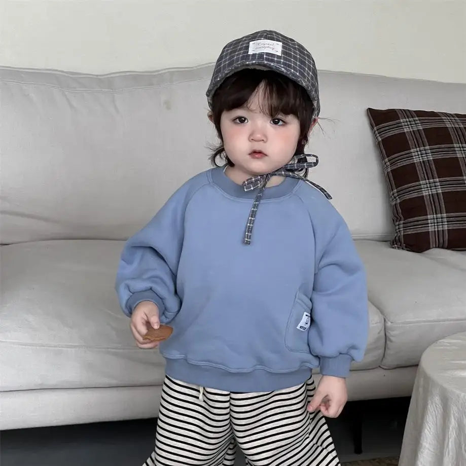 長袖セットアップ blue sweatshirt / 9M  73CM ベビートップス/パンツ パッチワーク長袖スウェットトレーナー/ロングルーズパンツ【mh0007966】