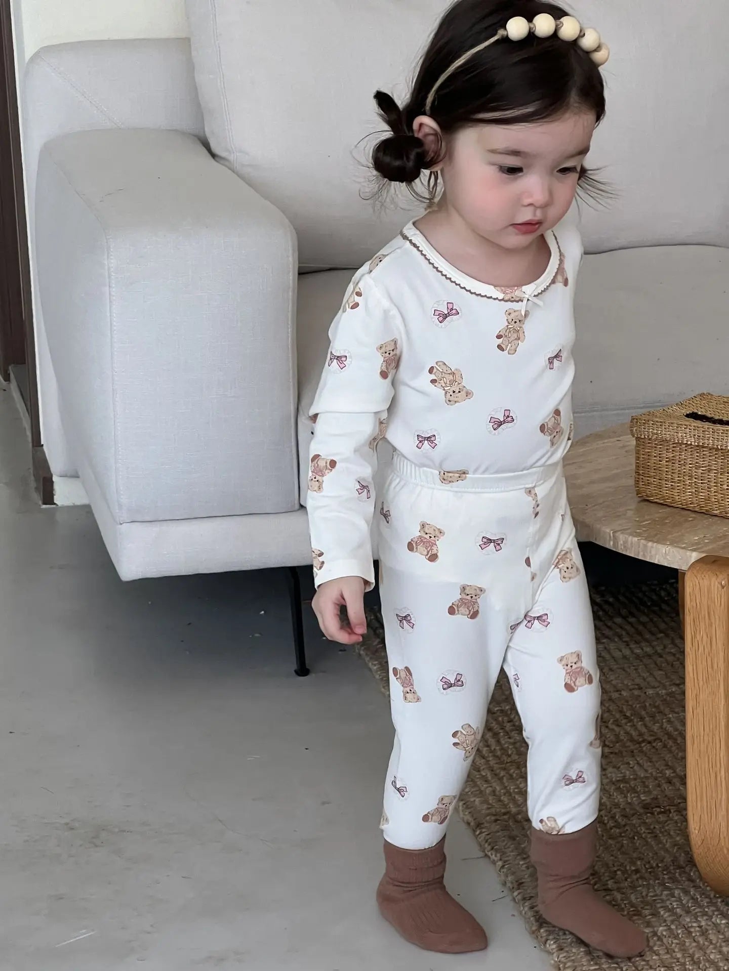 長袖パジャマ bow bear / 9M  73CM ベビーキッズセットアップ 2点セット 長袖パジャマセット プリント長袖Tシャツ+ロングパンツ【mh0008527】