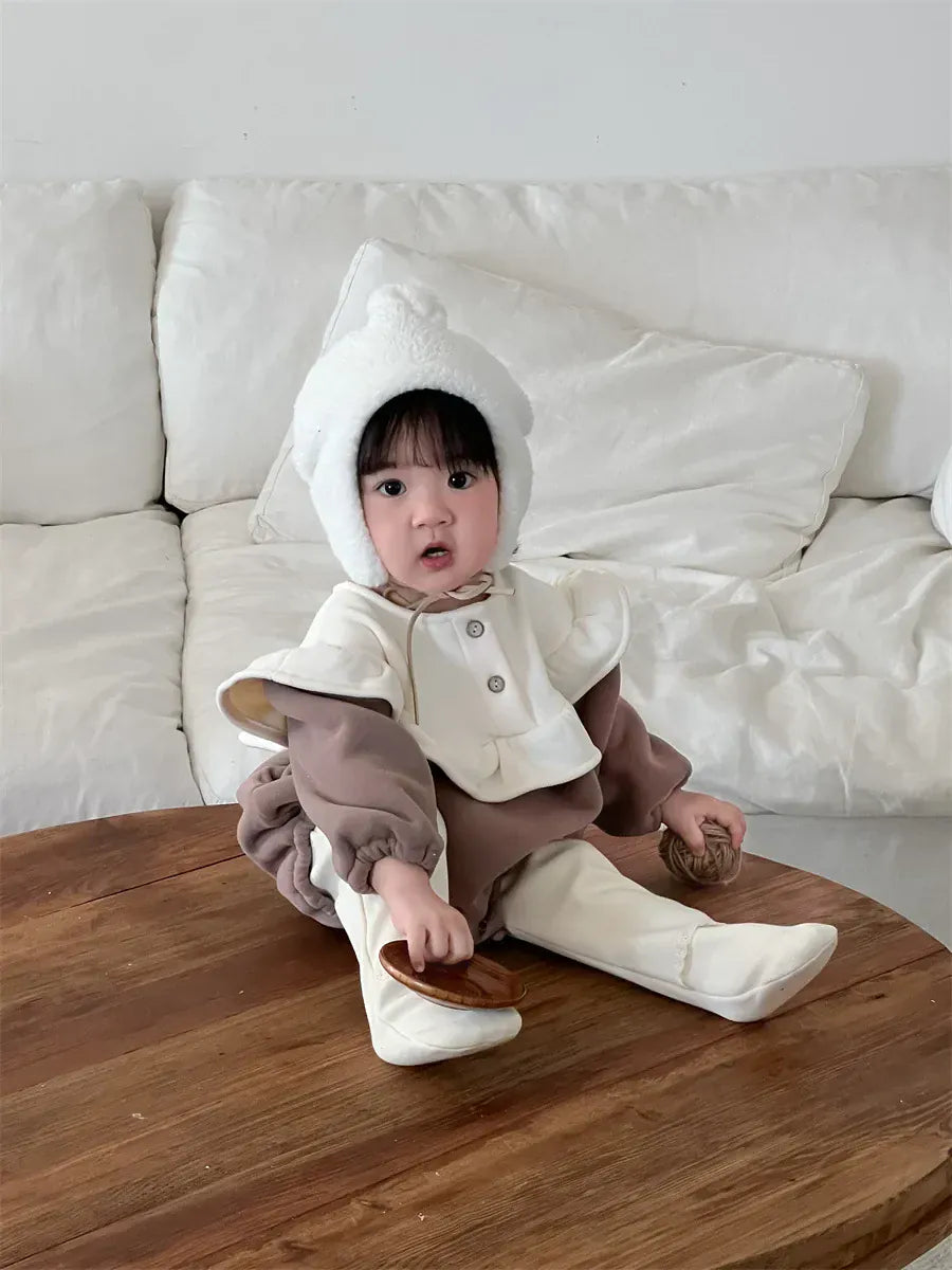 長袖ロンパース Brown / 6M  66CM ベビーロンパース ビッグフリルフリース長袖ボディスーツ【mh0008423】