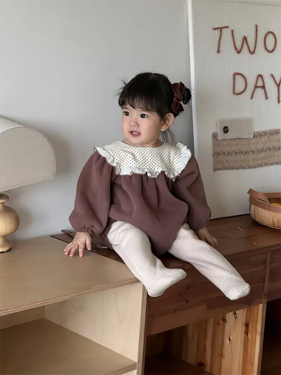 長袖ロンパース Brown / 6M  66CM ベビーロンパース ビッグフリルフリース長袖ボディスーツ【mh0008431】