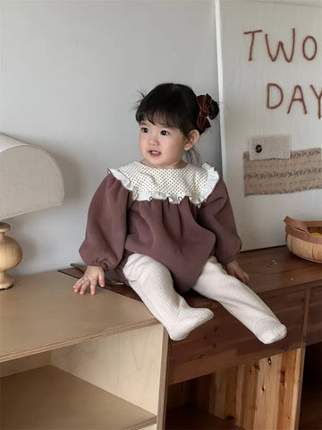 長袖ロンパース Brown / 6M  66CM ベビーロンパース ビッグフリルフリース長袖ボディスーツ【mh0008431】