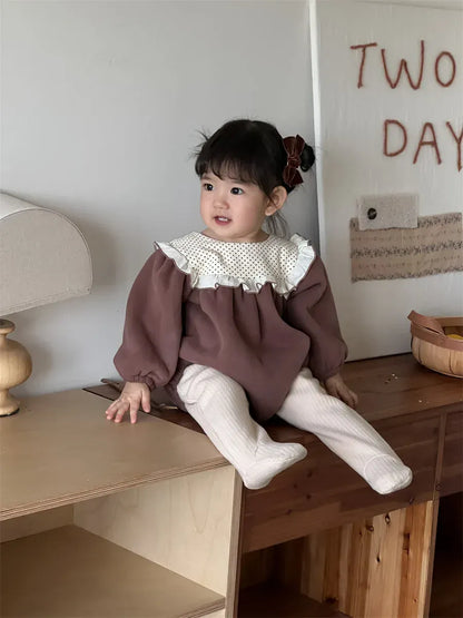 長袖ロンパース Brown / 6M  66CM ベビーロンパース ビッグフリルフリース長袖ボディスーツ【mh0008431】