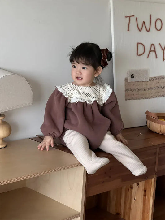 長袖ロンパース Brown / 6M  66CM ベビーロンパース ビッグフリルフリース長袖ボディスーツ【mh0008431】