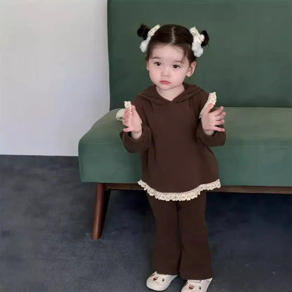 長袖セットアップ Brown / 9M  73CM ベビーセットアップ 2点セット ショルダー裾レースフリル長袖チュニックTシャツ+フレアロングパンツ【mh0008342】