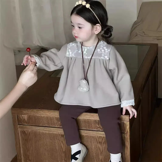 長袖シャツ・ブラウス Brown / 9M  73CM キッズトップス レース刺繍フリース長袖チュニックブラウス【mh0008378】