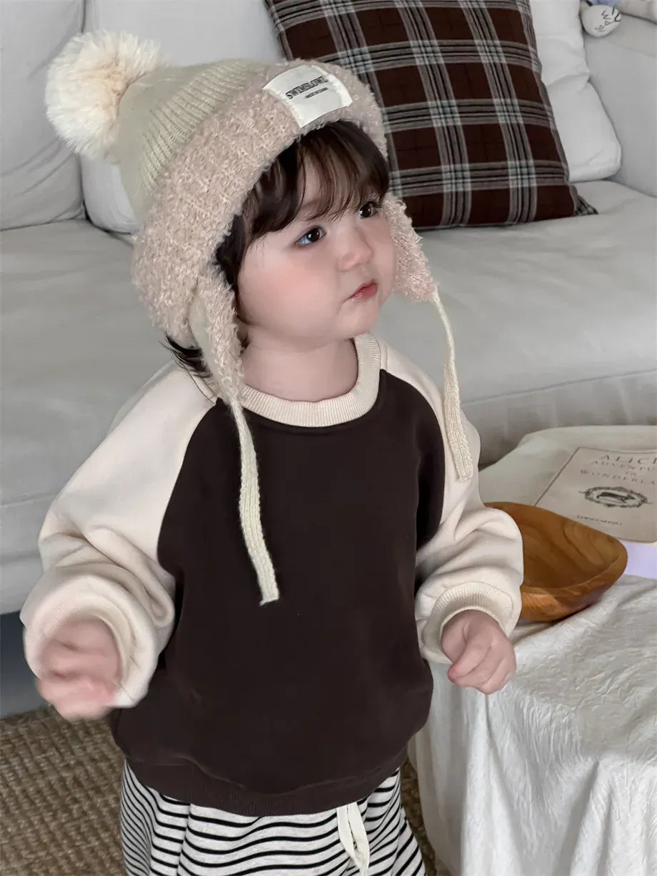 長袖セットアップ brown sweatshirt / 9M  73CM ベビートップス/パンツ パッチワーク長袖スウェットトレーナー/ロングルーズパンツ【mh0007966】