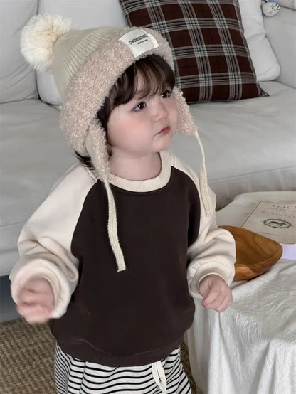 長袖セットアップ brown sweatshirt / 9M  73CM ベビートップス/パンツ パッチワーク長袖スウェットトレーナー/ロングルーズパンツ【mh0007966】