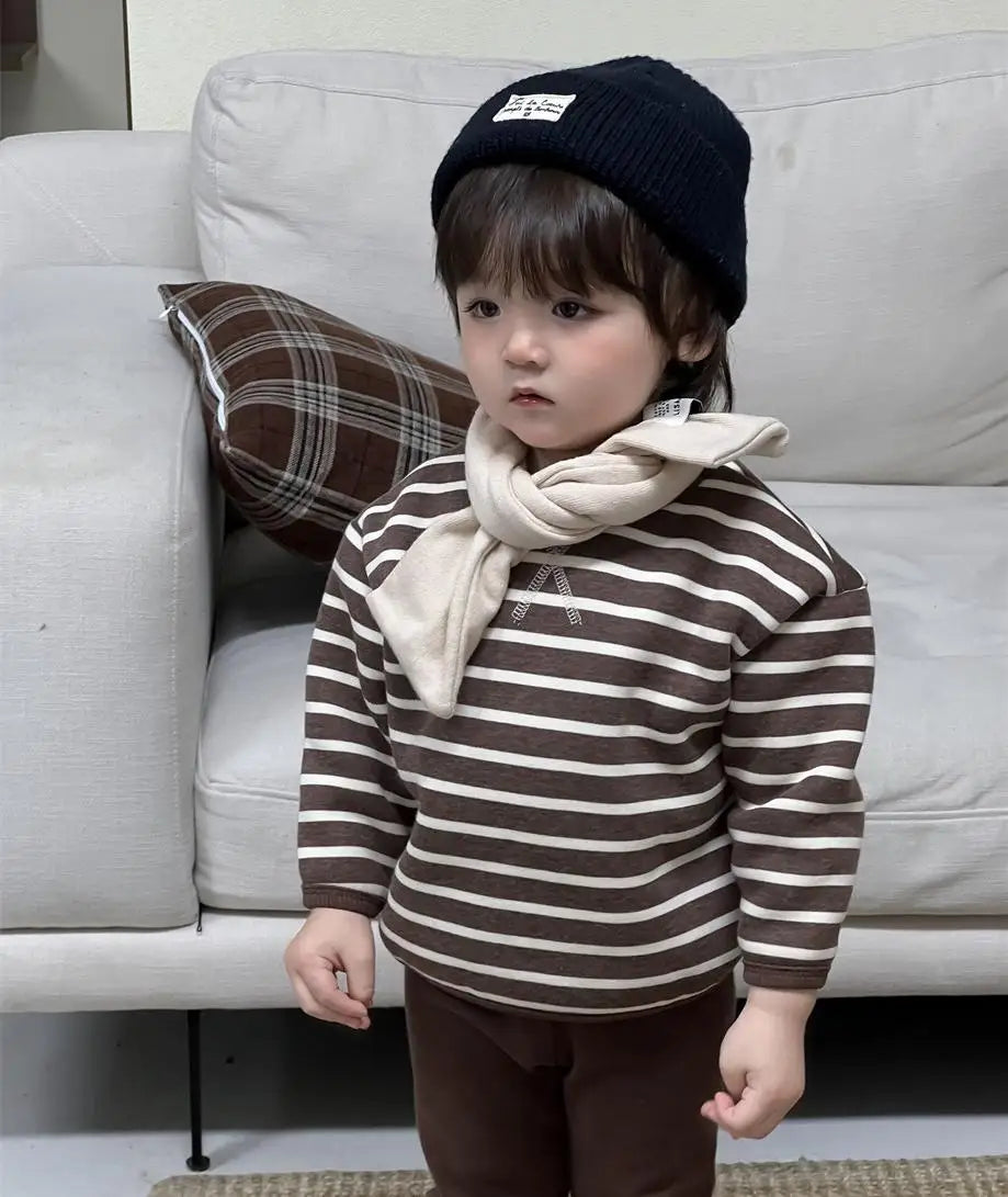 長袖セットアップ brown tops / 9M  73CM ベビートップス/パンツ ボーダー裏フリース長袖スウェットシャツ/シンプルレギンスパンツ【mh0007974】