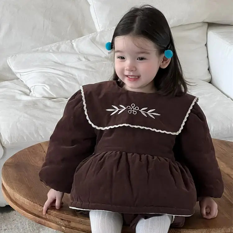 長袖セットアップ brown tops / 9M  73CM ベビーキッズトップス/パンツ フラワー刺繍ビッグ襟パデッドアウターチュニック/バルーンショートパンツ【mh0008415】