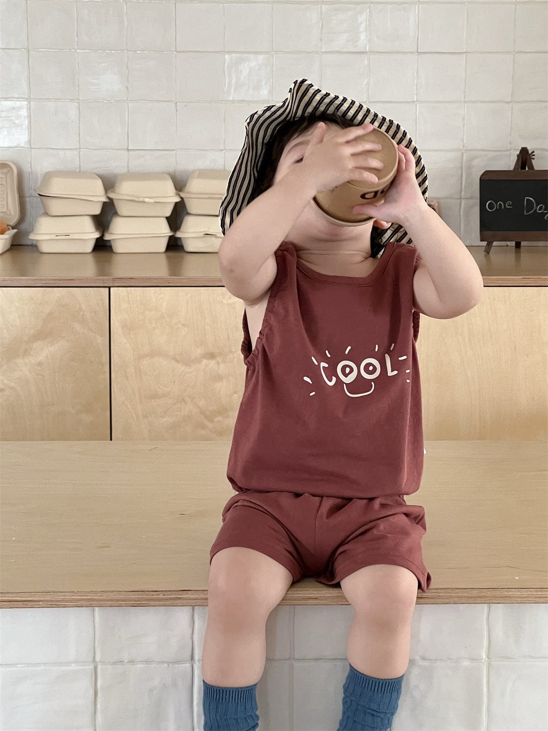 ノースリーブセットアップ Coffee / 73cm ロゴプリントタンクトップ+ショートパンツ【mh0009926】