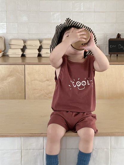 ノースリーブセットアップ Coffee / 73cm ロゴプリントタンクトップ+ショートパンツ【mh0009926】