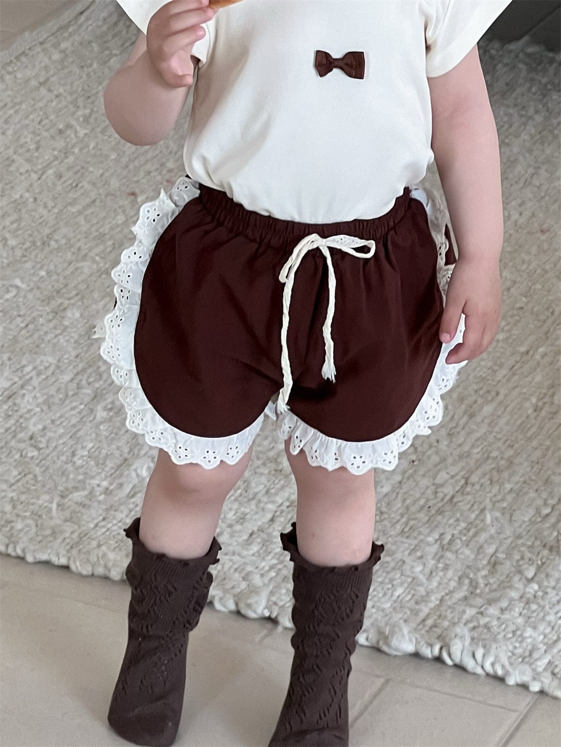 半袖セットアップ Coffee pants / 73cm リボン/フラワープリント半袖Tシャツ/サイドレースショートパンツ【mh0009903】