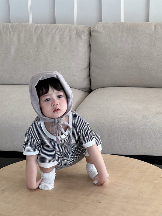 半袖セットアップ Dark Gray / 73cm ボーダーバイピング半袖Tシャツ+ルーズハーフパンツ【mh0009930】