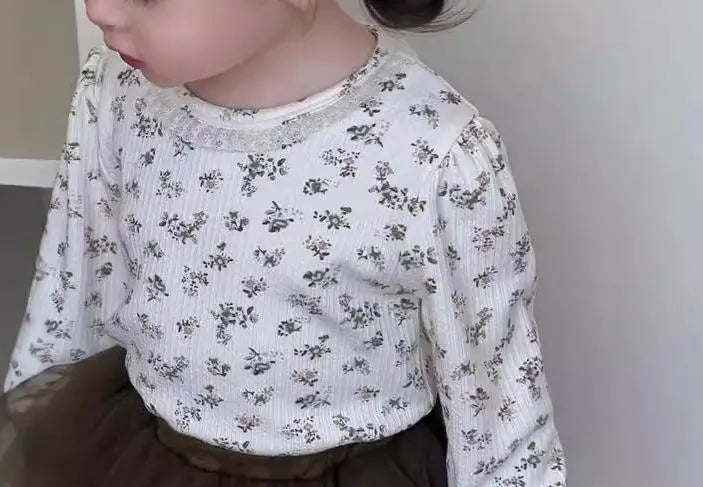 長袖セットアップ Flora shirts / 9M  73CM ベビートップス/パンツ  フラワー小花柄プリント長袖Tシャツ/チュチュチュールスカートドッキングショートパンツ【mh0008306】