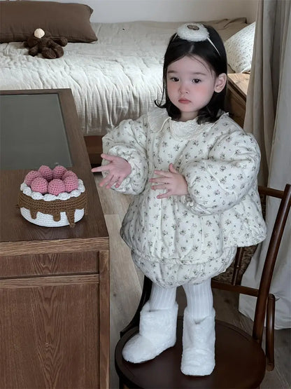 長袖セットアップ Floral / 6M  66CM ベビーキッズセットアップ 2点セット フラワープリントキルティング防寒長袖チュニックトップス+ブルマパンツ【mh0008427】