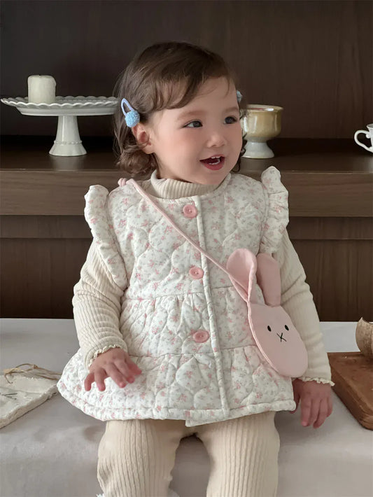 ベスト Floral / 9M  73CM ベビーベスト フラワープリントショルダーフリル前あきキルティングジレアウターベスト【mh0007809】