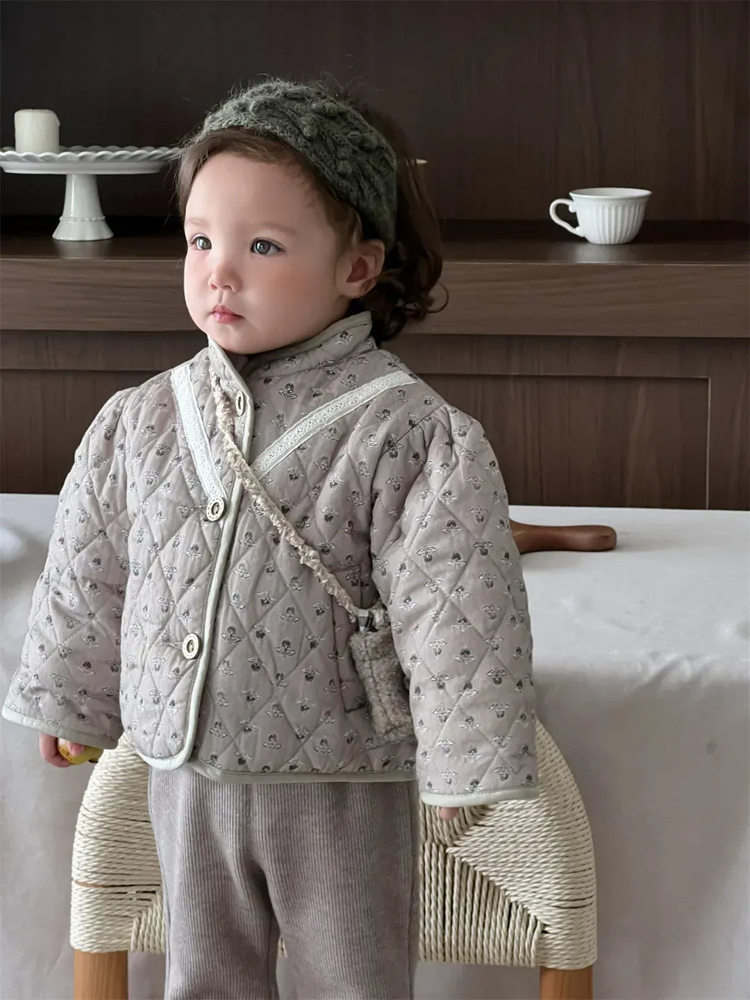 長袖セットアップ floral coat / 9M  73CM ベビーアウター/パンツ フラワー小花柄プリント長袖パフスリーブキルティングジャケット/ボリュームレースフリルレギンスパンツ【mh0007831】