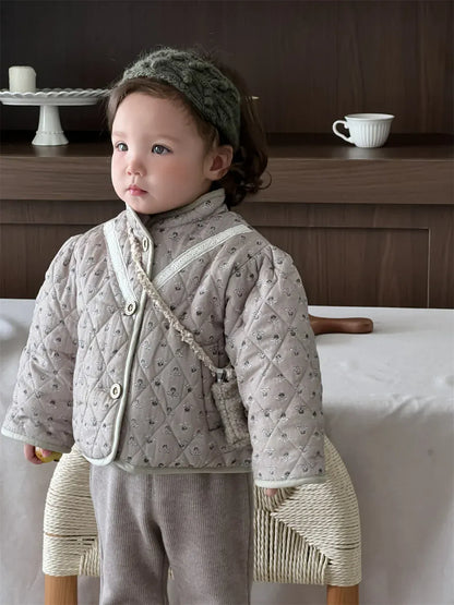 長袖セットアップ floral coat / 9M  73CM ベビーアウター/パンツ フラワー小花柄プリント長袖パフスリーブキルティングジャケット/ボリュームレースフリルレギンスパンツ【mh0007831】