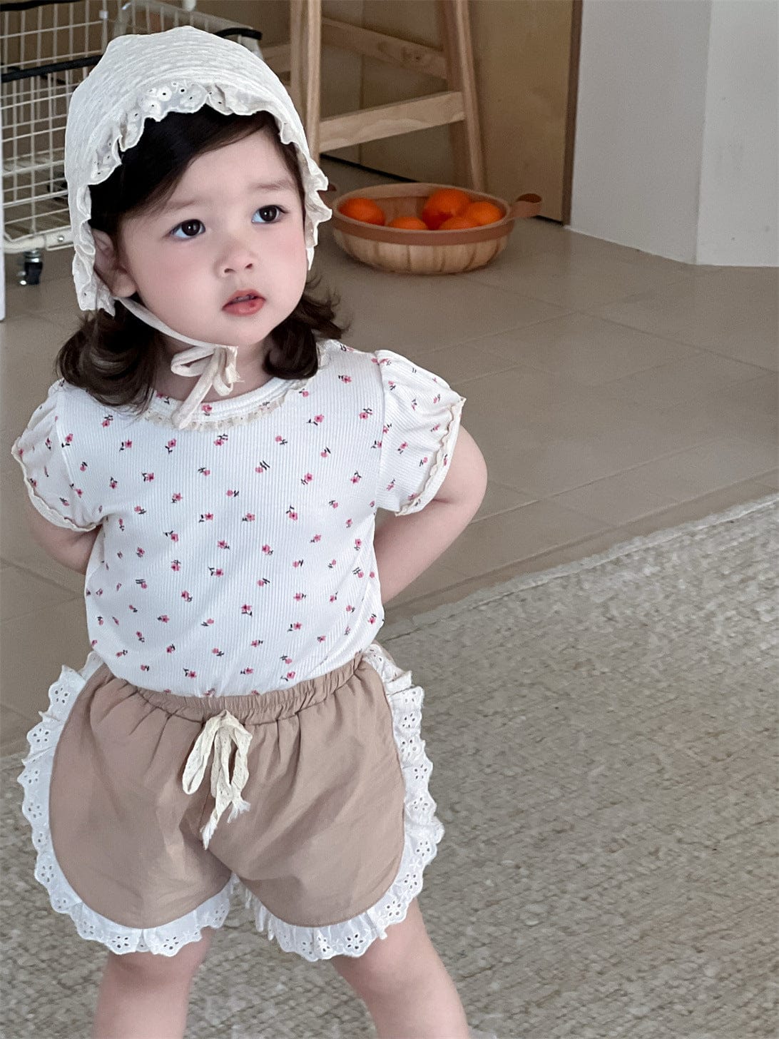 半袖セットアップ Floral T-shirt / 73cm リボン/フラワープリント半袖Tシャツ/サイドレースショートパンツ【mh0009903】