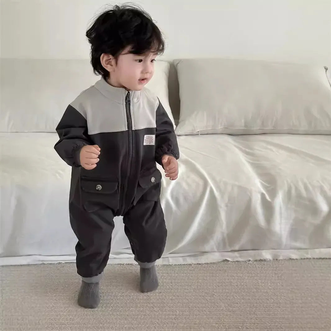 長袖ジャンプスーツ Gray / 66cm 0-6m ベビージャンプスーツ パッチワーク切り替えジップアップ長袖ジャンプスーツつなぎ グレー【mh0007262】