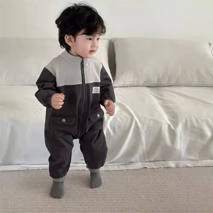 長袖ジャンプスーツ Gray / 66cm 0-6m ベビージャンプスーツ パッチワーク切り替えジップアップ長袖ジャンプスーツつなぎ グレー【mh0007262】