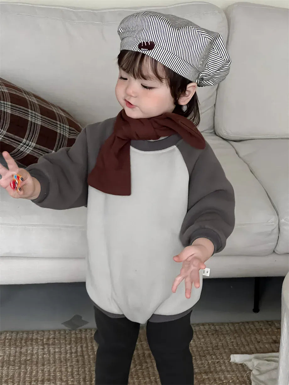 長袖ロンパース Gray / 6M  66CM ベビーロンパース パッチワークラグラン長袖フリースボディスーツ【mh0007967】