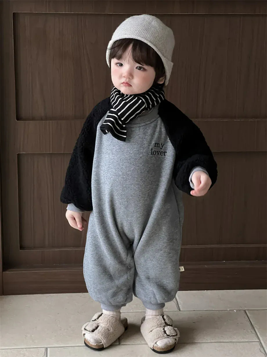長袖ジャンプスーツ Gray / 6M  66CM ベビージャンプスーツ ラグランパッチワークスウェット裏フリース長袖ボディスーツ【mh0008201】