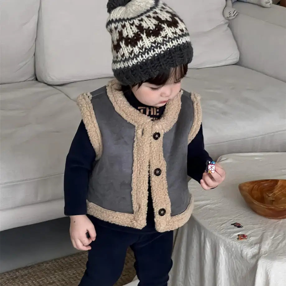 ベスト Gray / 9M  73CM ベビーキッズベスト 裏ボアフリースフェイクムートンアウターベスト【mh0007970】