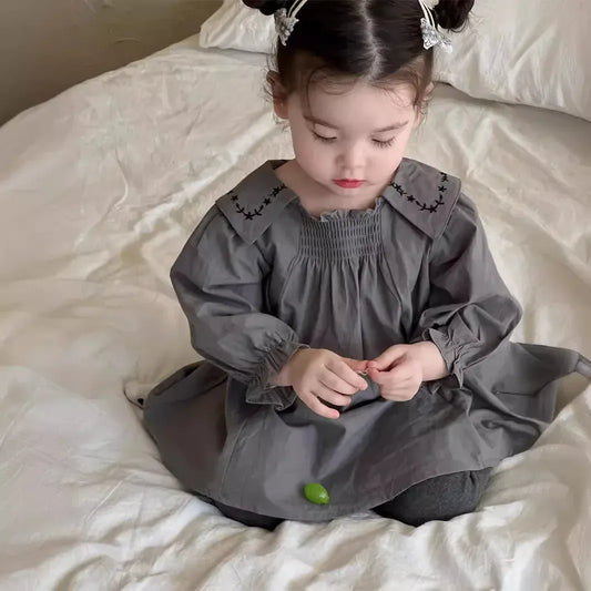 長袖ワンピース Gray / 9M  73CM ベビーワンピース 刺繍襟長袖ワンピース【mh0008255】