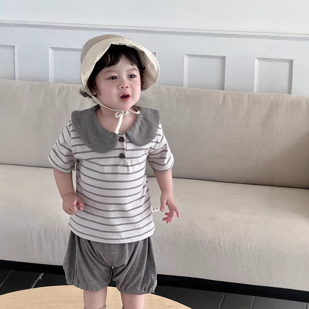 半袖セットアップ Gray Apricot / 73cm ボーダー丸襟ポロシャツ+ハーフパンツセットアップ 2点セット【mh0009898】