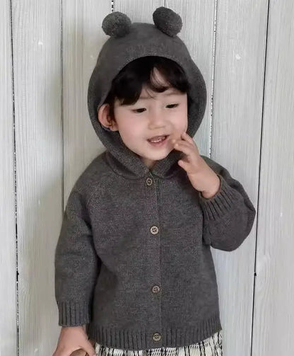 長袖セットアップ gray Coat / 9M  73CM ベビーカーディガン/パンツ 耳付きフーディニットジャケット/レトロチェックロングパンツ【mh0008113】