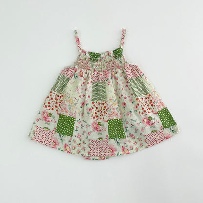 ノースリーブワンピース Green / 66cm チェックフラワーパッチワークキャミソールワンピース【mh0009922】