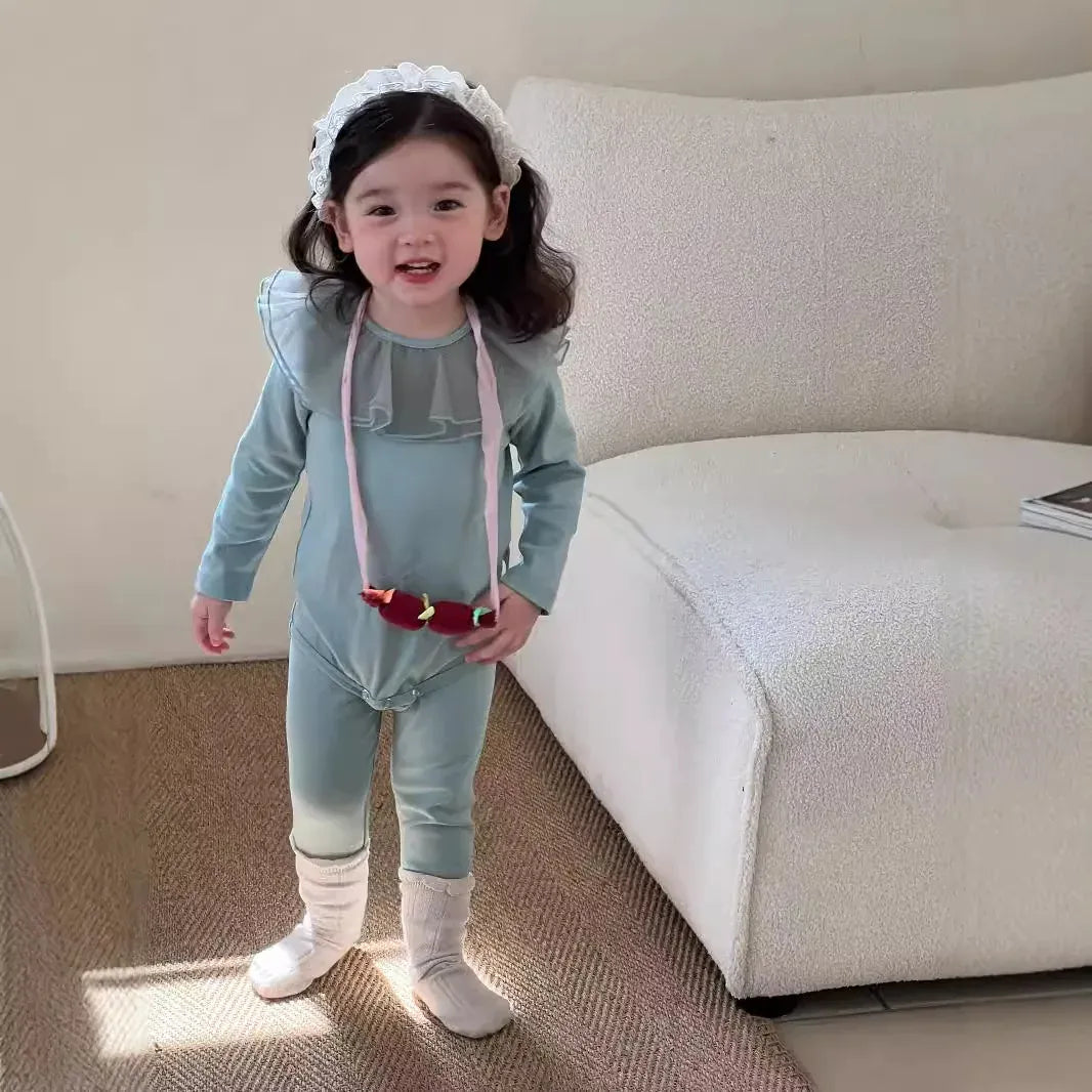 ロンパースセットアップ Green / 6M  66CM ベビーセットアップ 2点セット ラッフルフリル襟長袖ロンパース+レギンスパンツ【mh0008349】