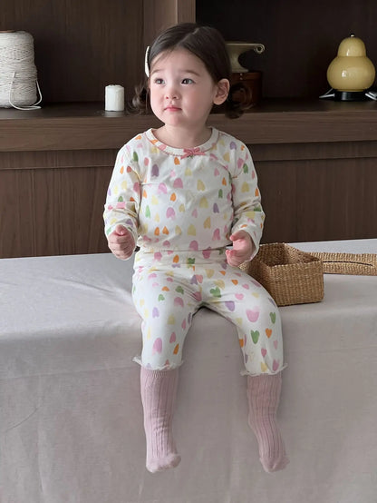 長袖パジャマ heart / 9M  73CM ベビーキッズセットアップ 2点セット 長袖パジャマセット プリント長袖Tシャツ+ロングパンツ【mh0008527】