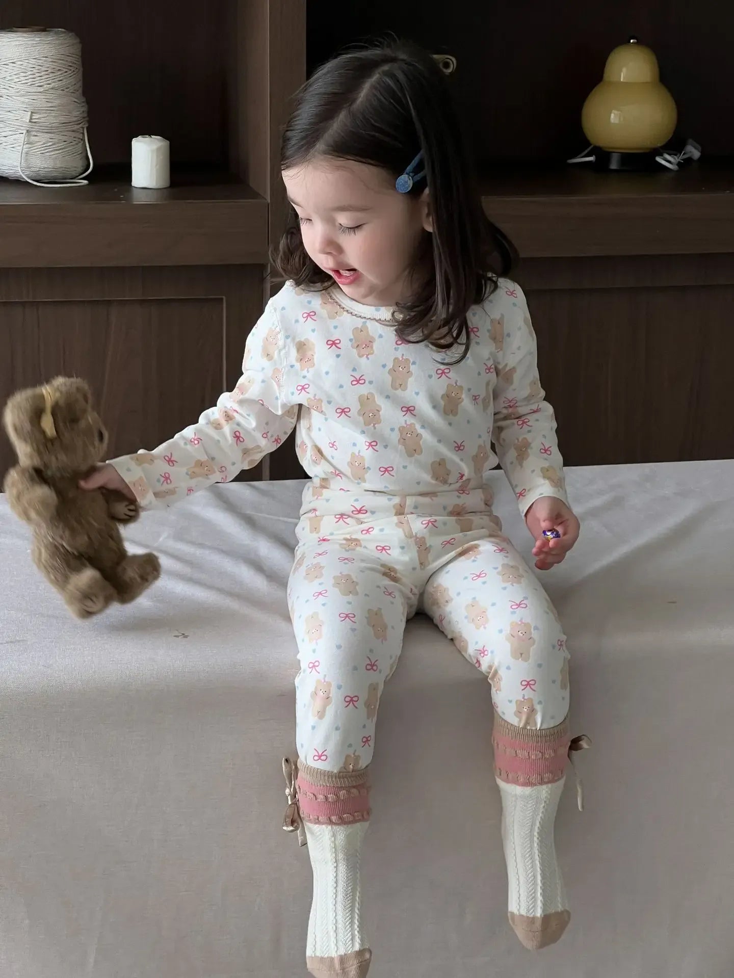 長袖パジャマ heart bear / 9M  73CM ベビーキッズセットアップ 2点セット 長袖パジャマセット プリント長袖Tシャツ+ロングパンツ【mh0008527】