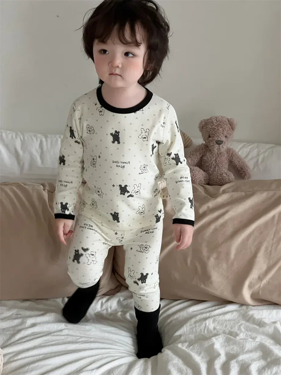 長袖パジャマ heart bear / 9M  73CM ベビーキッズパジャマセット アニマルプリント長袖Tシャツ+ロングパンツ【mh0007978】