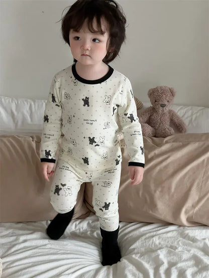 長袖パジャマ heart bear / 9M  73CM ベビーキッズパジャマセット アニマルプリント長袖Tシャツ+ロングパンツ【mh0007978】