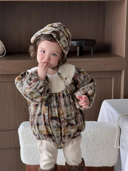 長袖ロンパース Khaki / 6M  66CM ベビーロンパース ボアフリースドッキングレトロプリント厚手長袖ボディスーツ【mh0007830】