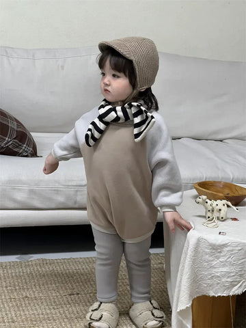 長袖ロンパース Khaki / 6M  66CM ベビーロンパース パッチワークラグラン長袖フリースボディスーツ【mh0007967】