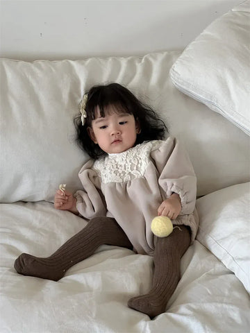 長袖ロンパース Khaki / 6M  66CM ベビーロンパース 刺繍レースフリース厚手長袖ボディスーツ【mh0008418】