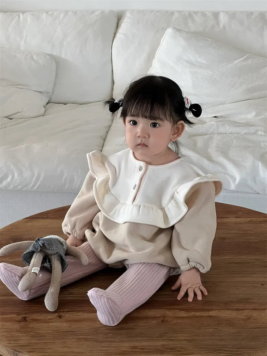 長袖ロンパース Khaki / 6M  66CM ベビーロンパース ビッグフリルフリース長袖ボディスーツ【mh0008423】