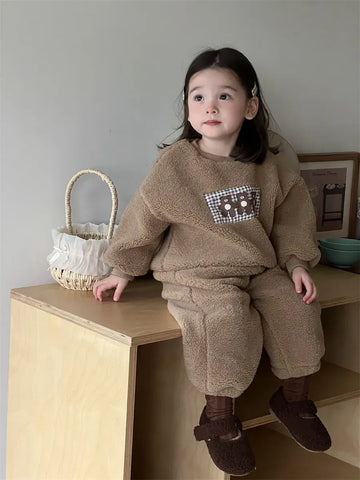 長袖セットアップ Khaki / 9M  73CM キッズセットアップ 2点セット ベアくまボアフリーススウェットシャツ+ロングパンツ【mh0008710】