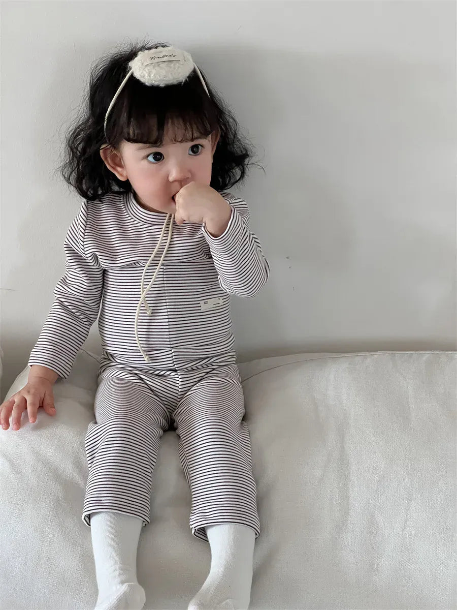 長袖パジャマ Khaki / 9M  73CM ベビーセットアップ 2点セット 長袖パジャマセット 天使の羽根ボーダー長袖Tシャツ+ハイウェストロングパンツ【mh0008425】