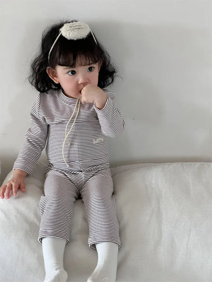 長袖パジャマ Khaki / 9M  73CM ベビーセットアップ 2点セット 長袖パジャマセット 天使の羽根ボーダー長袖Tシャツ+ハイウェストロングパンツ【mh0008425】