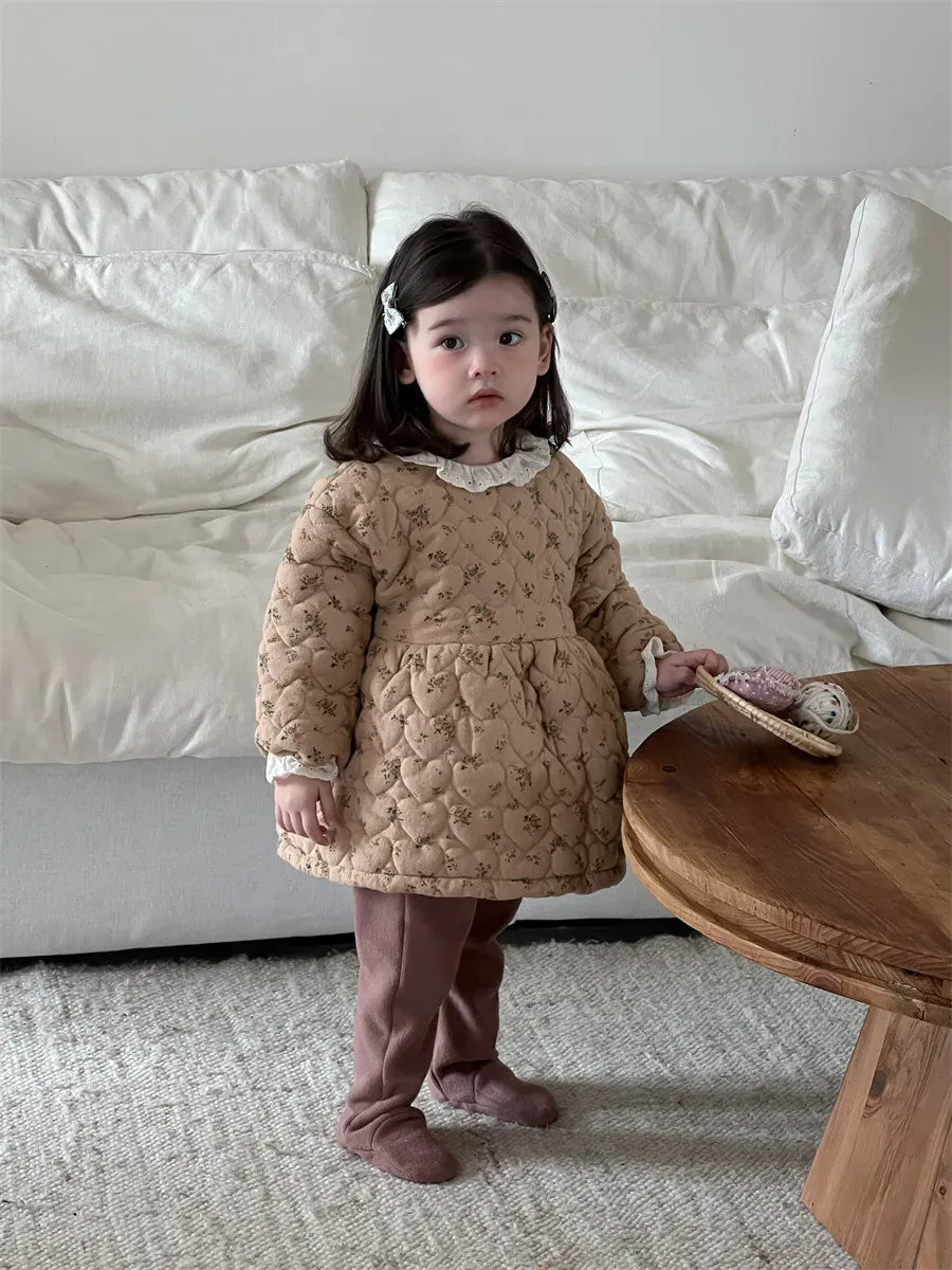 長袖ワンピース Khaki / 9M  73CM ベビーキッズワンピース フラワープリントキルティング長袖アウターワンピース【mh0008417】