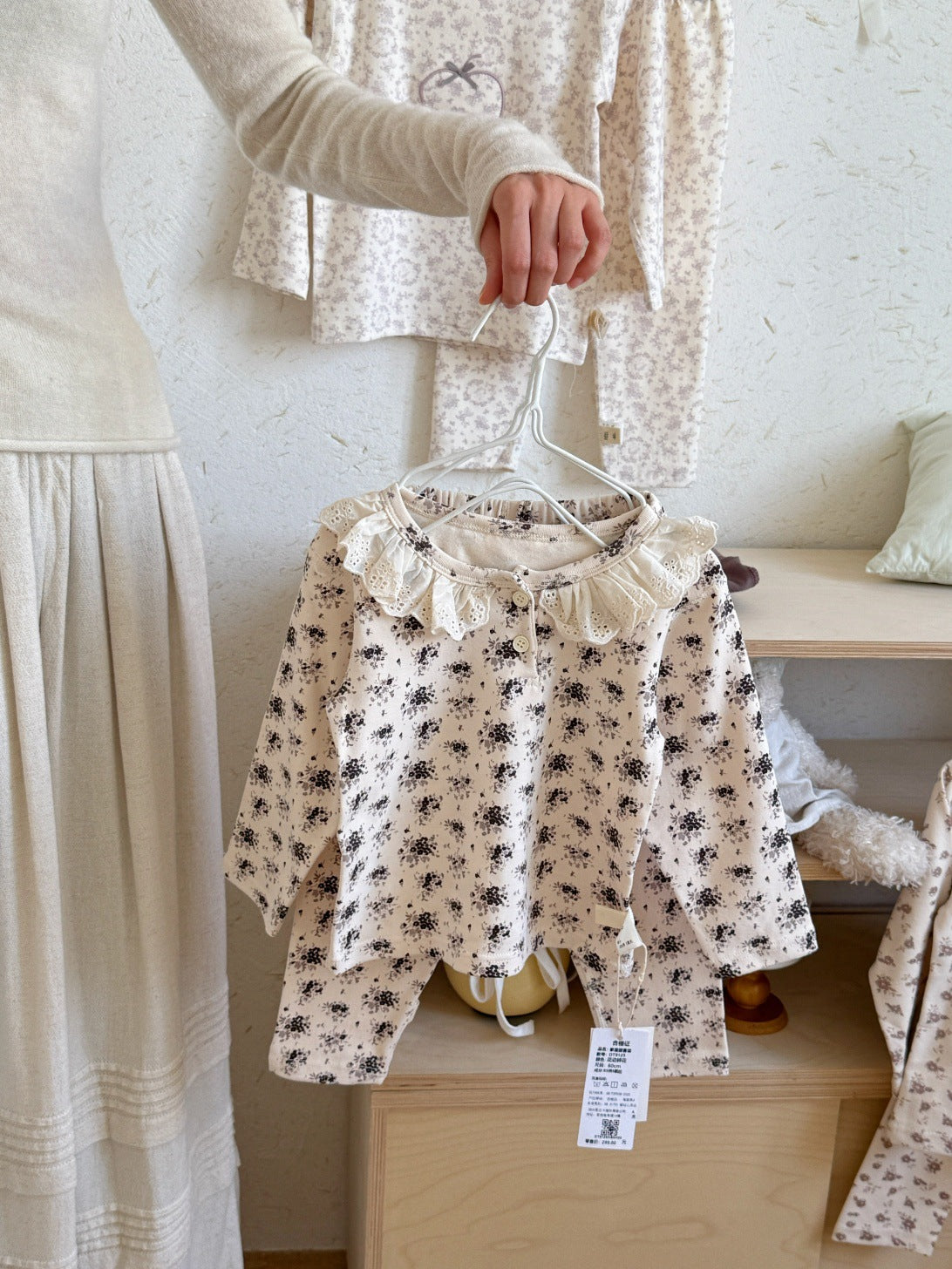 長袖セットアップ Lace floral / 73cm 長袖パジャマセット Tシャツ+ロングパンツ プリント柄【mh0011934】