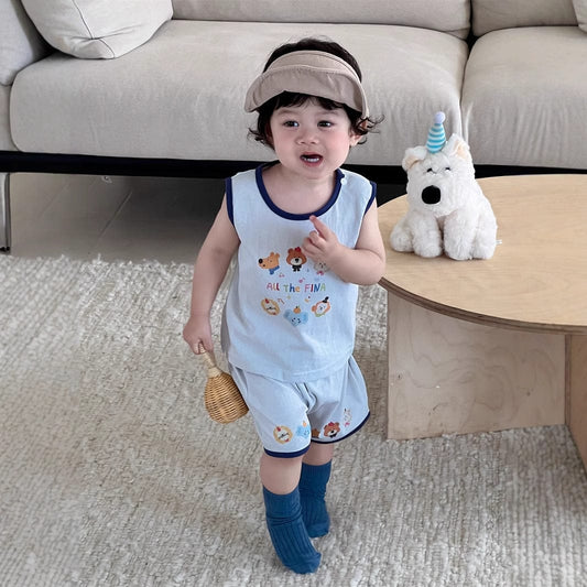 ノースリーブセットアップ Light Blue / 73cm アニマルプリントタンクトップ+ハーフパンツセットアップ 2点セット【mh0009900】