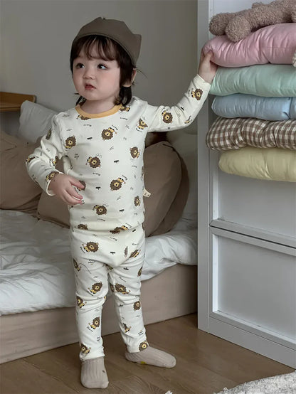 長袖パジャマ lion / 9M  73CM ベビーキッズパジャマセット アニマルプリント長袖Tシャツ+ロングパンツ【mh0007978】