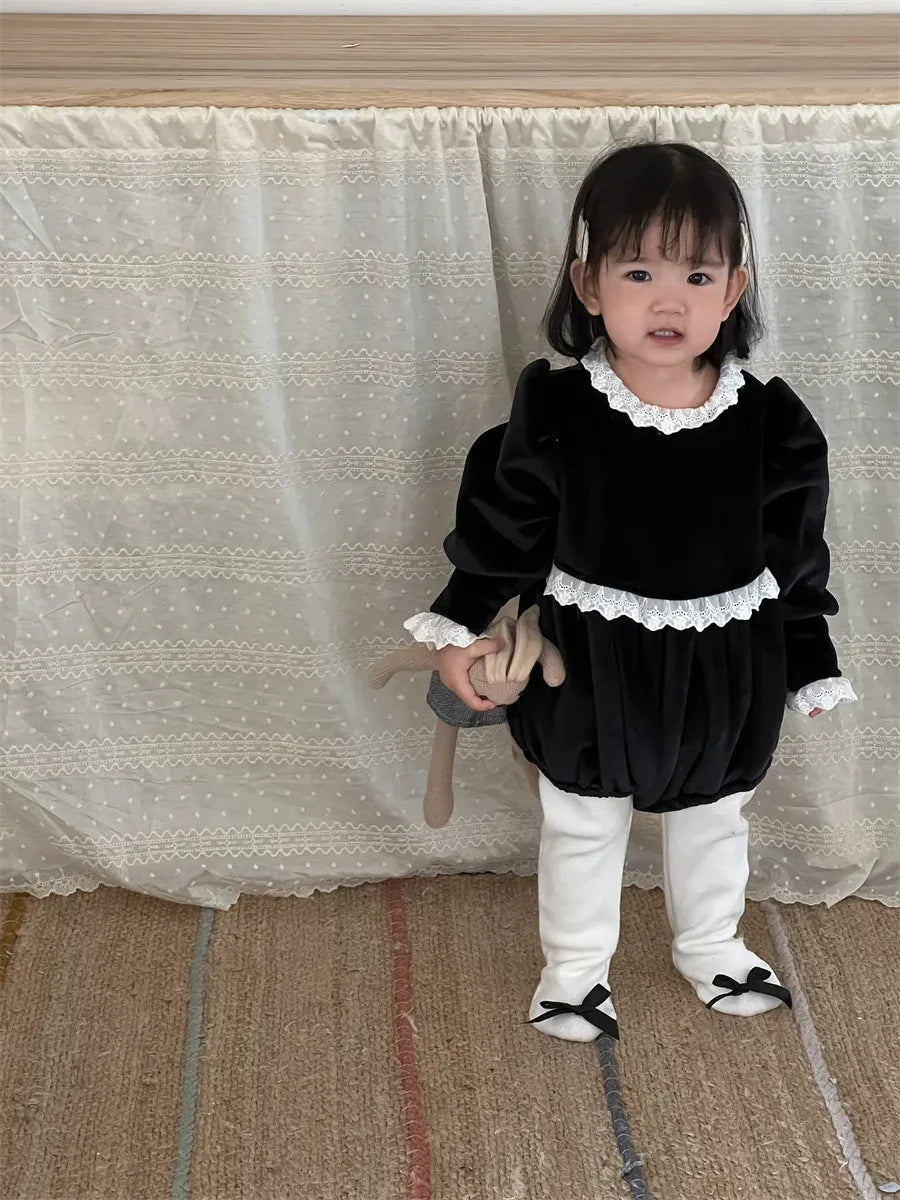 長袖ロンパース ベビーロンパース レースフリルフリース長袖ボディスーツ【mh-0008432】